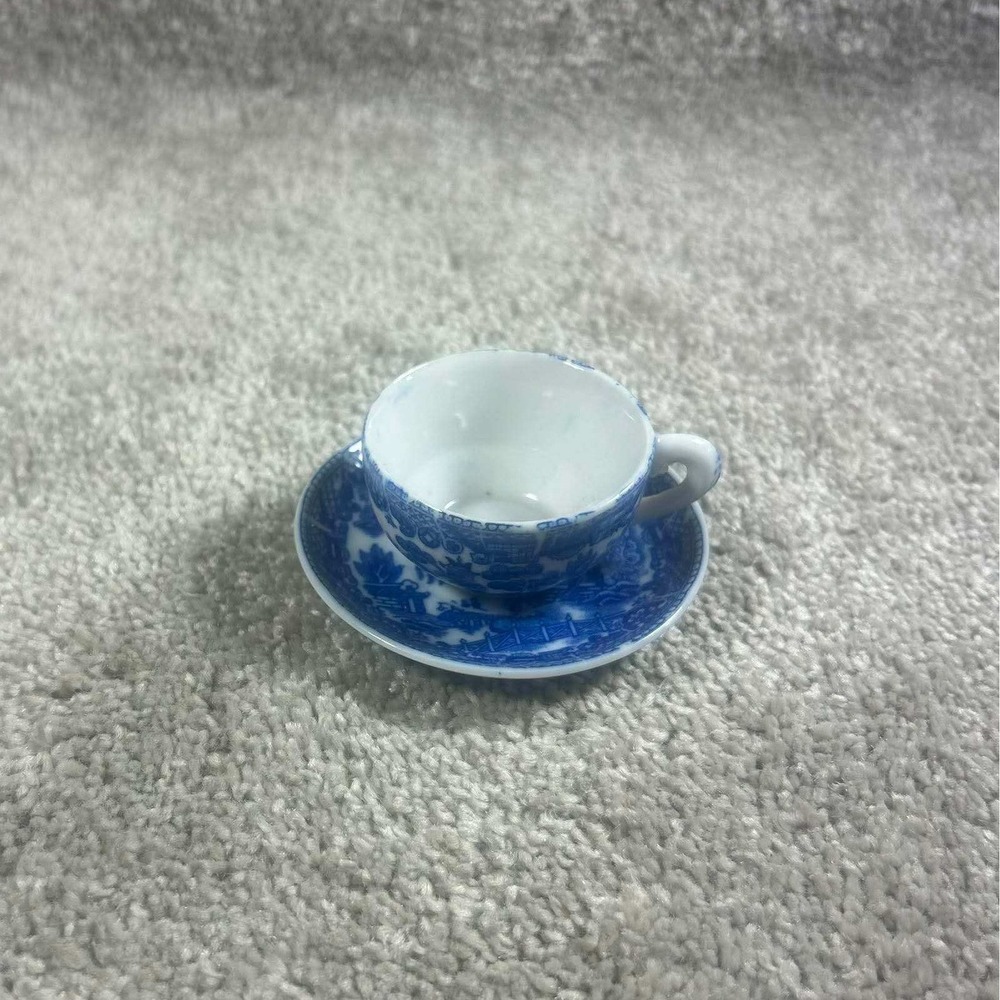 Miniature Tea Cup Saucer Blue Willow Chinoiserie Japan Vintage